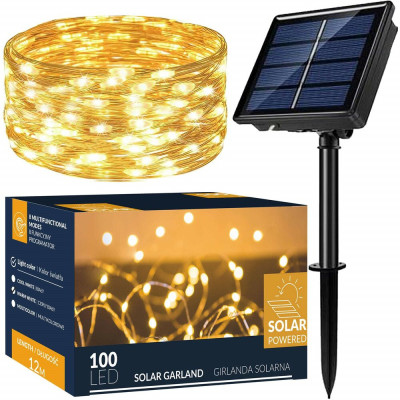 LED solární řetěz Nano - 12m, 100LED, 8 funkcí, IP44, teplá bílá