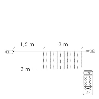 LED Nano závěs - 3x3m, 300LED, 8 funkcí, ovladač, IP44, studená bílá