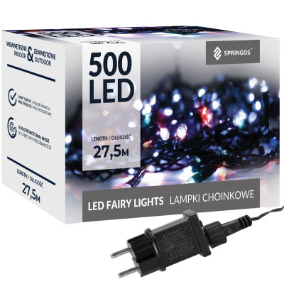 LED světelný řetěz - 27,5m, 500LED, 8 funkcí, paměť, IP44, multicolor