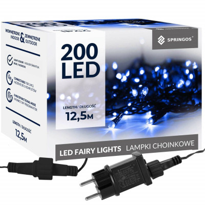 LED světelný řetěz - 12,5m, 200LED, 8 funkcí, paměť, IP44, modrá