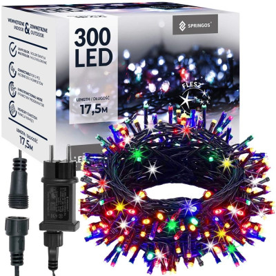 LED světelný řetěz - 17,5m, 300LED, IP44, multicolor + záblesky