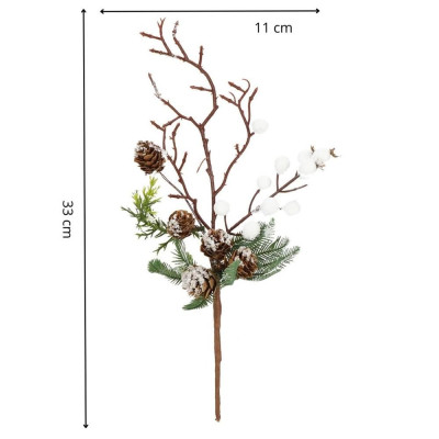 Větvička s bílými jeřabinami a šiškou 33cm, vánoční dekorace