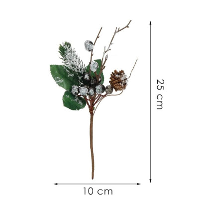 Větvička s černými jeřabinami a šiškou 25cm, vánoční dekorace