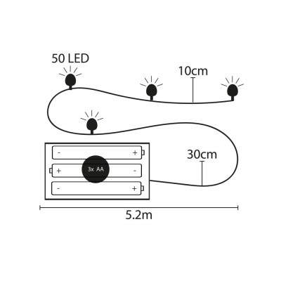 LED řetěz Nano - 5m, 50LED, 8-funkcí, ovladač, 3xAA, IP44, studená bílá