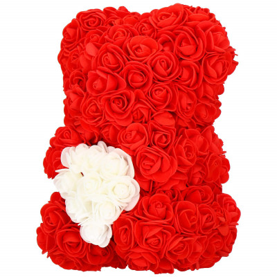 Medvídek z růží 30 cm, červený s bílým srdcem SPRINGOS ROSE BEAR