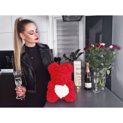 Medvídek z růží 40 cm, červený s bílým srdcem SPRINGOS ROSE BEAR